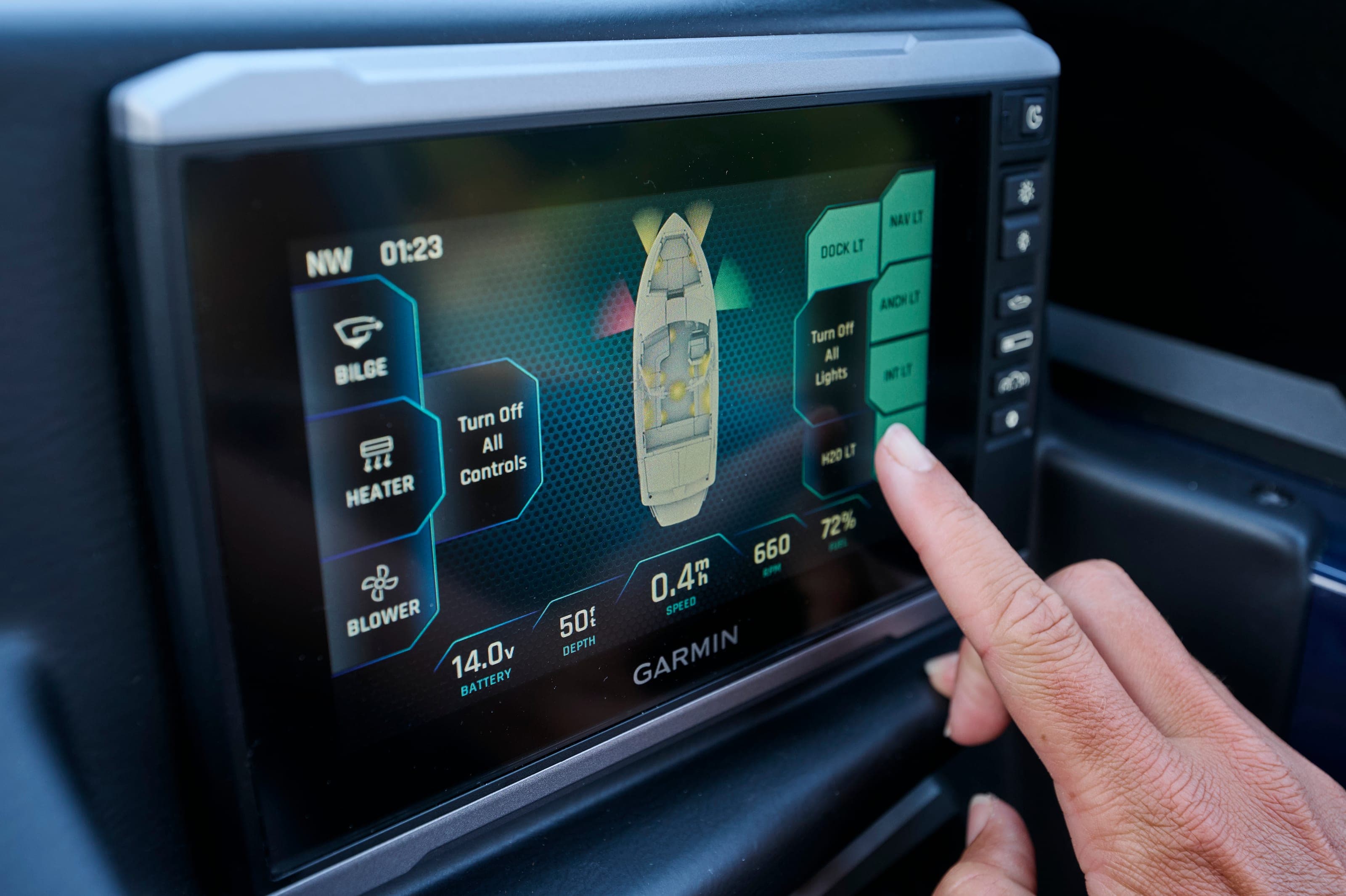 A finger adjusts settings on the touchscreen of an Axis A245